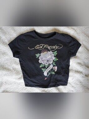 Y2K Ed Hardy Women's Black Graphic Crop Top Baby Tee Purple Peony Flower